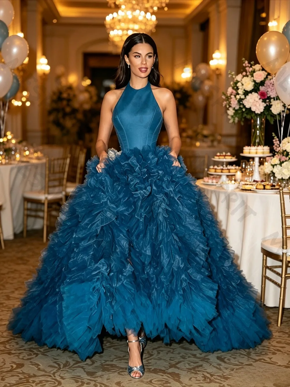 Customized Neckband Sleeveless Blue Puffy Evening Gowns with Multi-layer Pleated Mesh A-line and Ankle Formal Dance Dresses