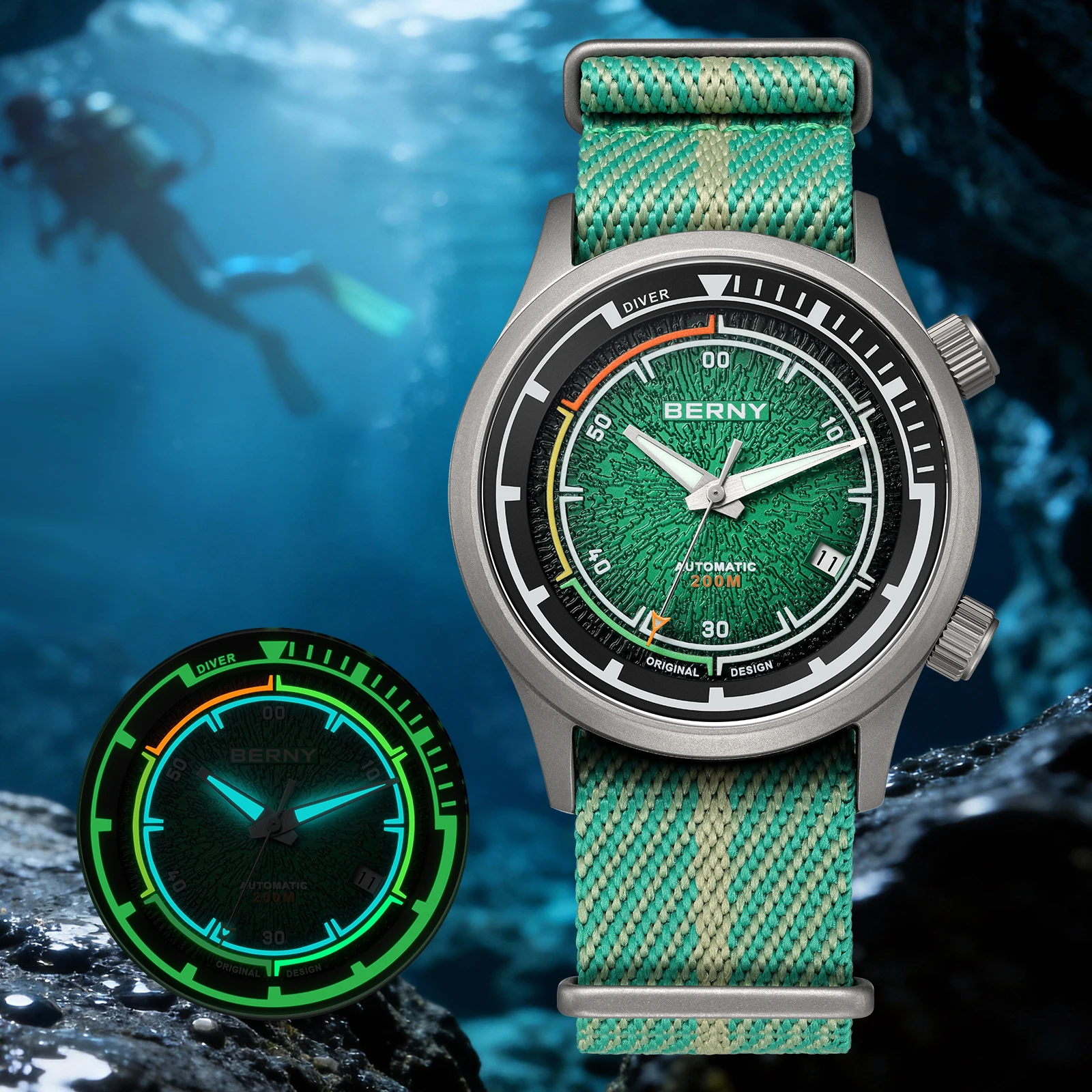 Relojes de buceo BERNY para hombre, reloj de buceo mecánico automático de titanio superluminoso para hombre, reloj de buceo deportivo resistente al agua de 200M con zafiro