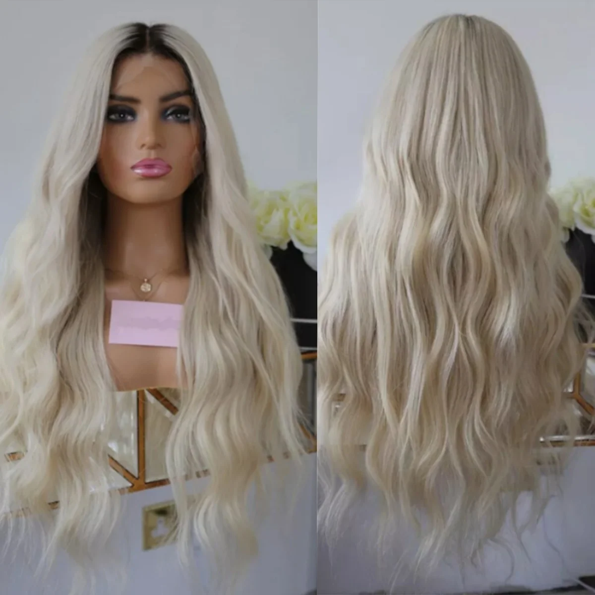 

Белый блондин парик с эффектом омбре, длинная объемная волна, бесклеевой синтетический парик спереди для женщин, термостойкий парик для повседневной вечеринки, распродажа