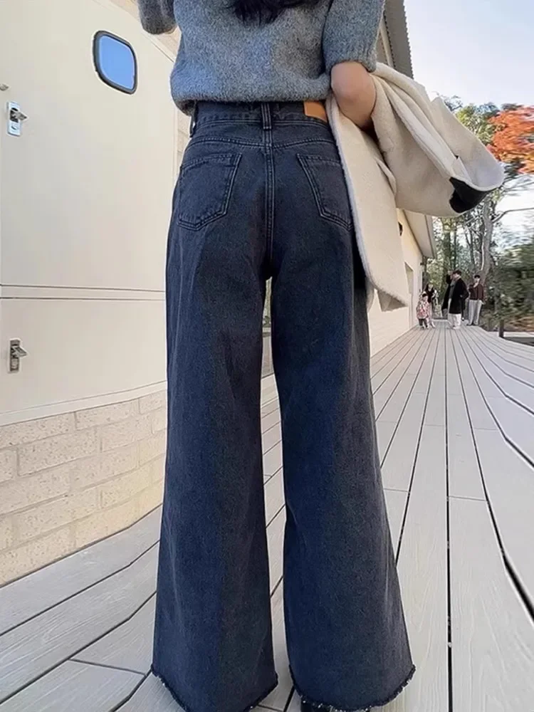 Double Button Black Wide Leg Jeans Women Streetwear Korean Fashion Baggy Jeans Mom Pocket Dark Blue Denim Pants Loose Style