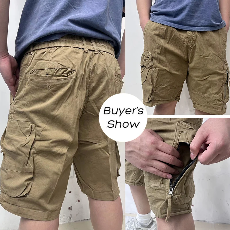 Summer Men Cotton Cargo Shorts Man Beach Jogger Outdoor Multi Pocket Short Pants Male Loose Bermuda Solid Vintage Classic Shorts