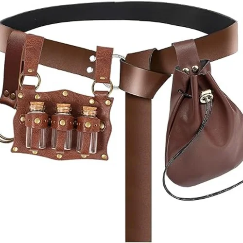 Imagen 1 del producto Cinturón medieval, botella mágica de vidrio con tapa para botella, juego de bolsa de cintura con monedas de cobre, accesorio para cinturón de disfraz de Halloween