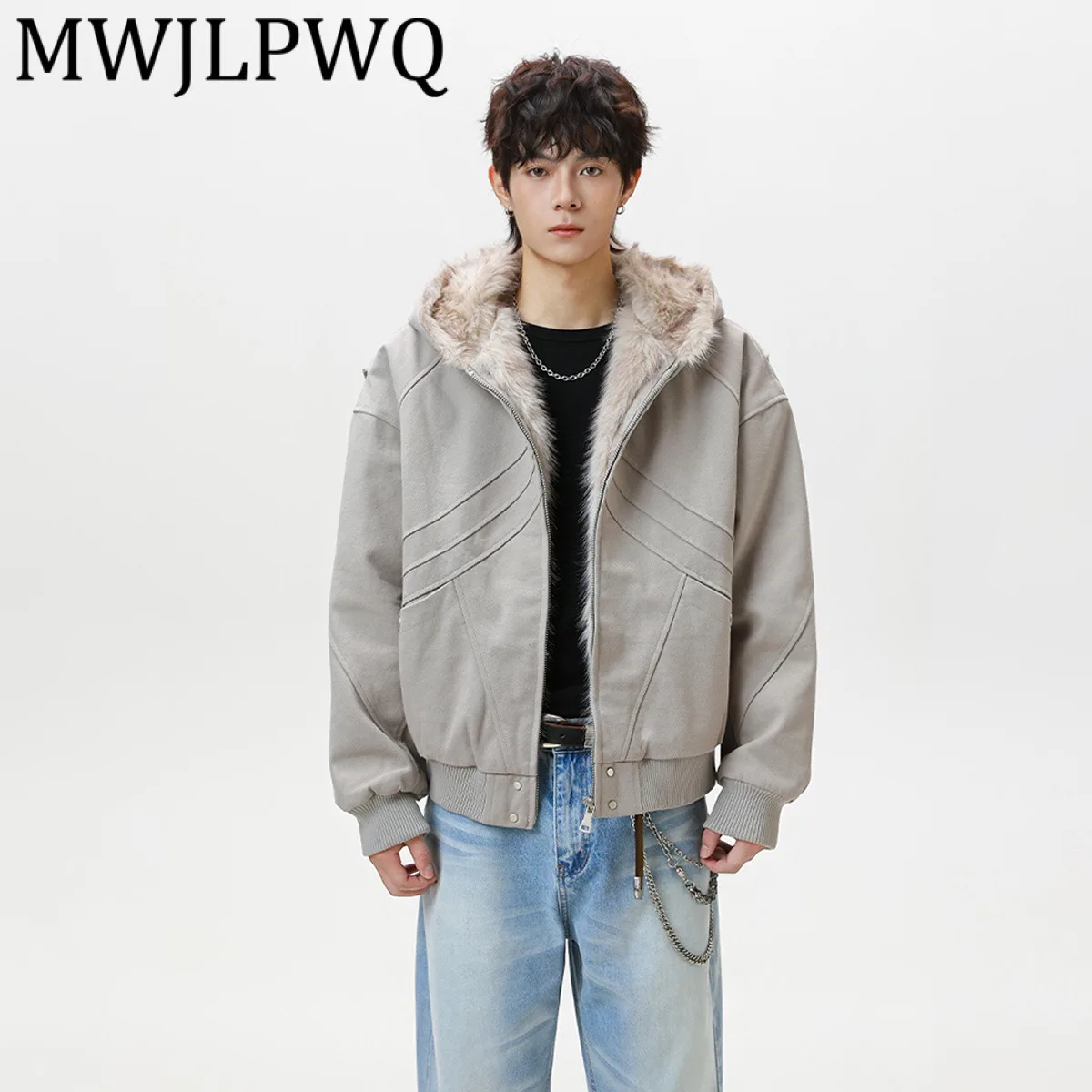 

MWJLPWQ модное 2024 новое зимнее мужское пальто с меховым воротником и флисовой подкладкой, повседневное хлопковое пальто в американском стиле на молнии для мужчин 21743