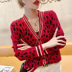 Spring Autumn New Lazy Contrast Fashion Cardigan Long Sleeve V Neck Loose All-match Sweaters Tops Vintage Elegant Women Clothing