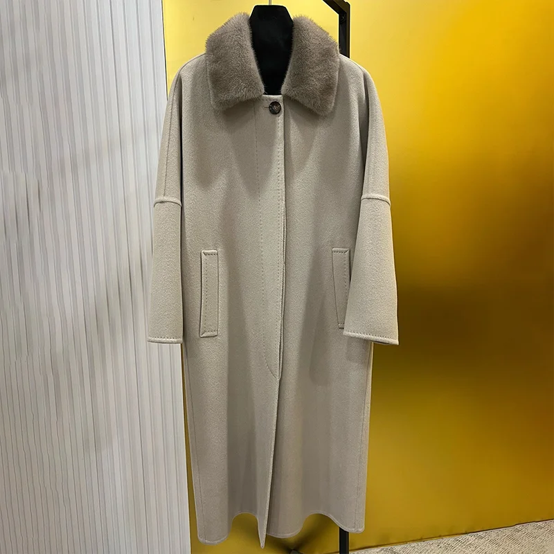 

Высококачественная женская двусторонняя кашемировая одежда с лацканами из норки на осень-зиму - длинное шерстяное пальто 251020137