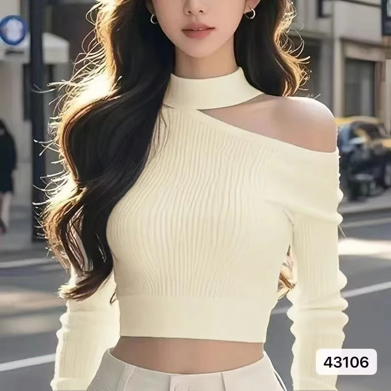 Hollow Out Off-Shoulder Cropped Sweater Women Slim Fitted Knitted Short Top Sexy Halter Neck Black White Beige Rose Red Jumper