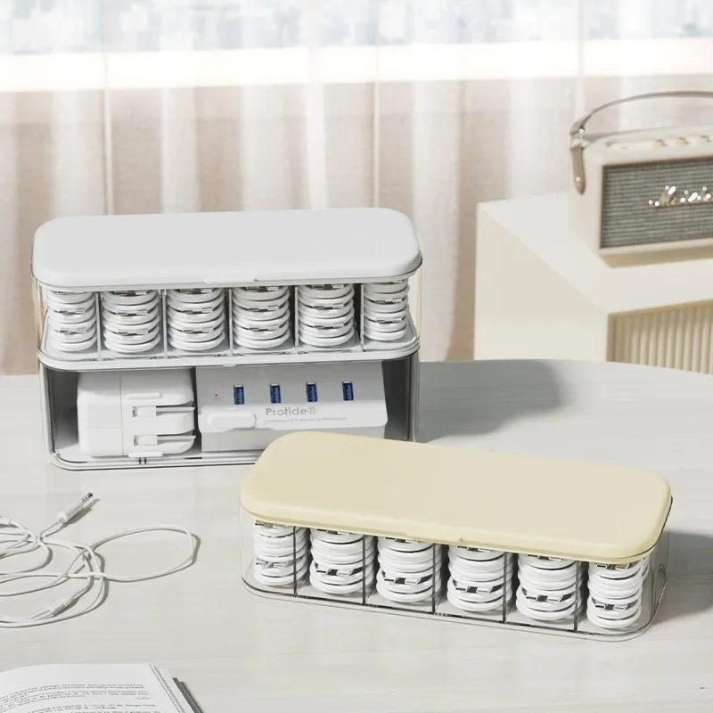 Transparent Multi Compartment Cable Storage Box Solid Color Dustproof with Cover Desktop Charger Data Cord Organizer