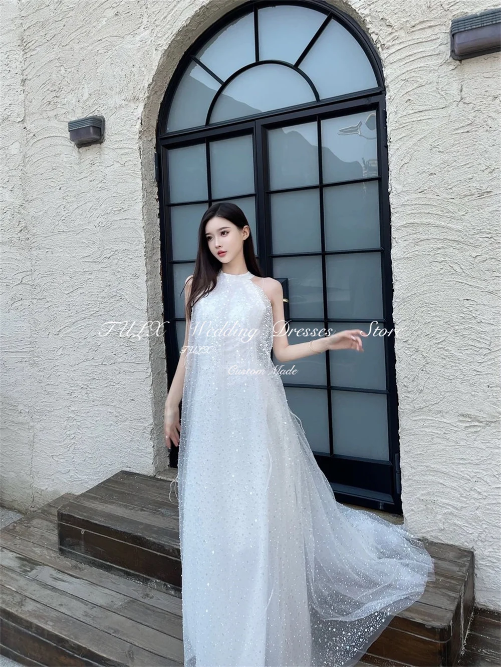 TULX Principessa Scintillante Matrimonio Servizio fotografico Abito Halter Senza maniche Corea Abiti da sposa Una linea di lunghezza del pavimento nnegolare Personalizzato 2025