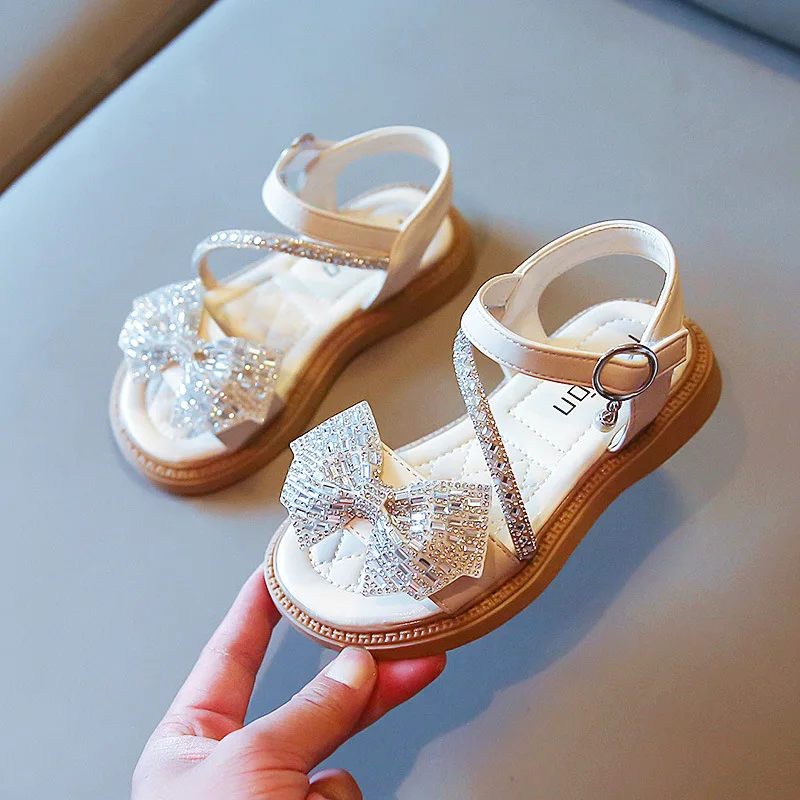 Girls Rhinestone Bow Sandals 2023 Summer New Children\'s Soft Bottom Wedding Shows Princess Shoes Open-toe Party Shoes H92