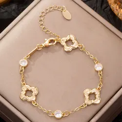New Simple Hollow Lucky Clover Adjustable Bracelet for Women Girls Rhinestone Four Leaf Clover Bracelets Holiday Jewelry Gifts