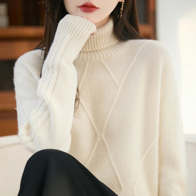new 100% pure wool knitted pullover women's high neck sweater for spring and autumn, comfortable and warm with full sleeves