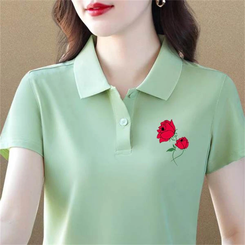 Women Fashion Short Sleeve Floral Print Tees Elegant Polo Collar T-shirt 2024 Summer Casual Slim Button Basic Tops Ropa De Mujer