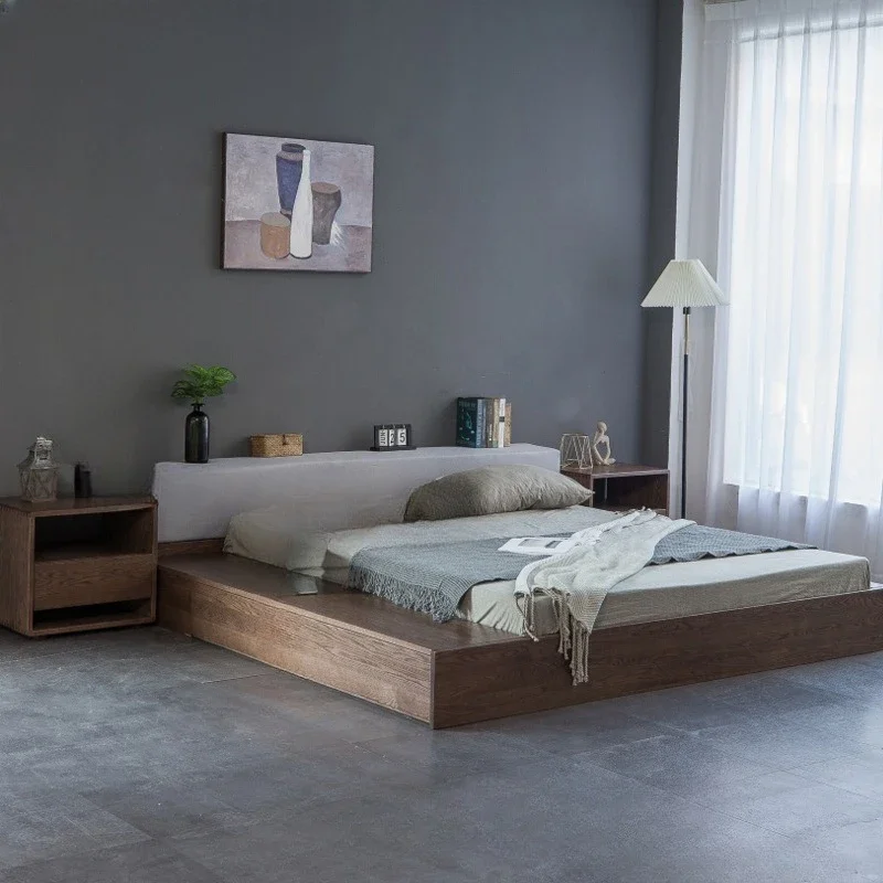 black walnut tatami floor-to-ceiling solid wood bed Japanese master bedroom storage drawer oak floor low bed