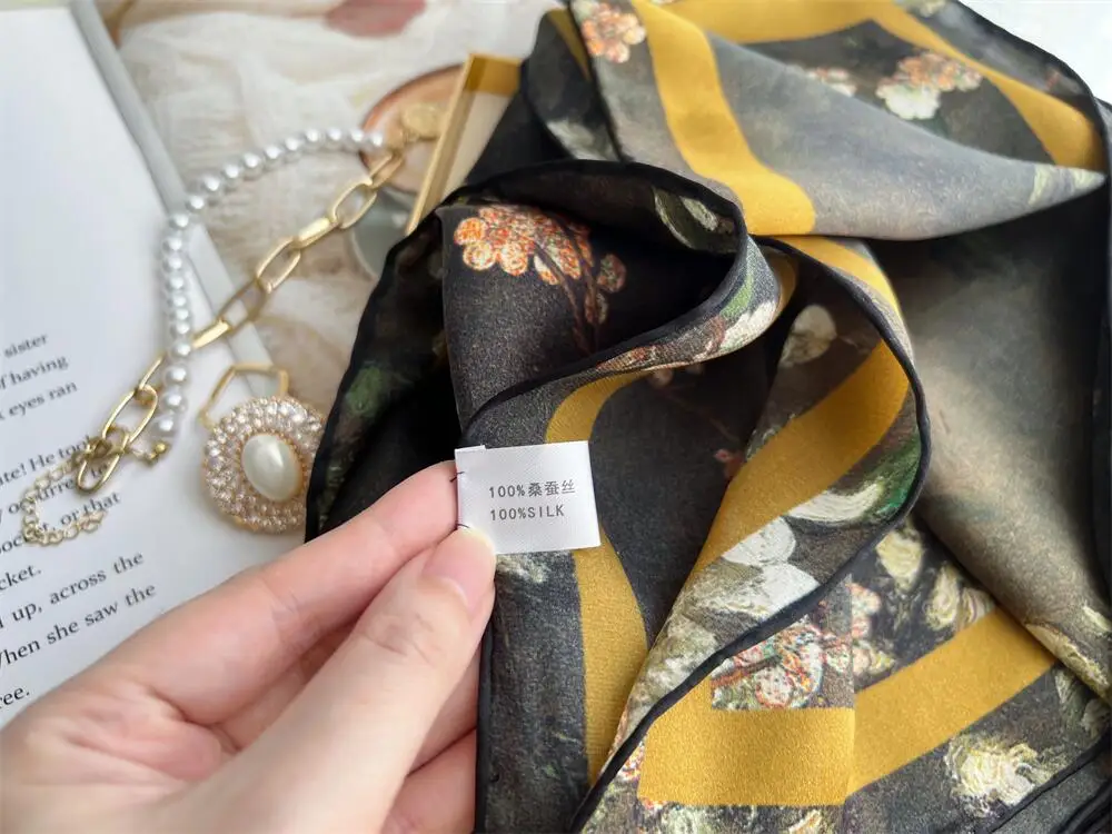 Satijnen Sjaal Vrouwen Luxe Handgerolde Rand Sjaals Bandana 'S Hijab Vrouw Luxuri Moederdag Cadeau Zijde Vierkante Sjaals