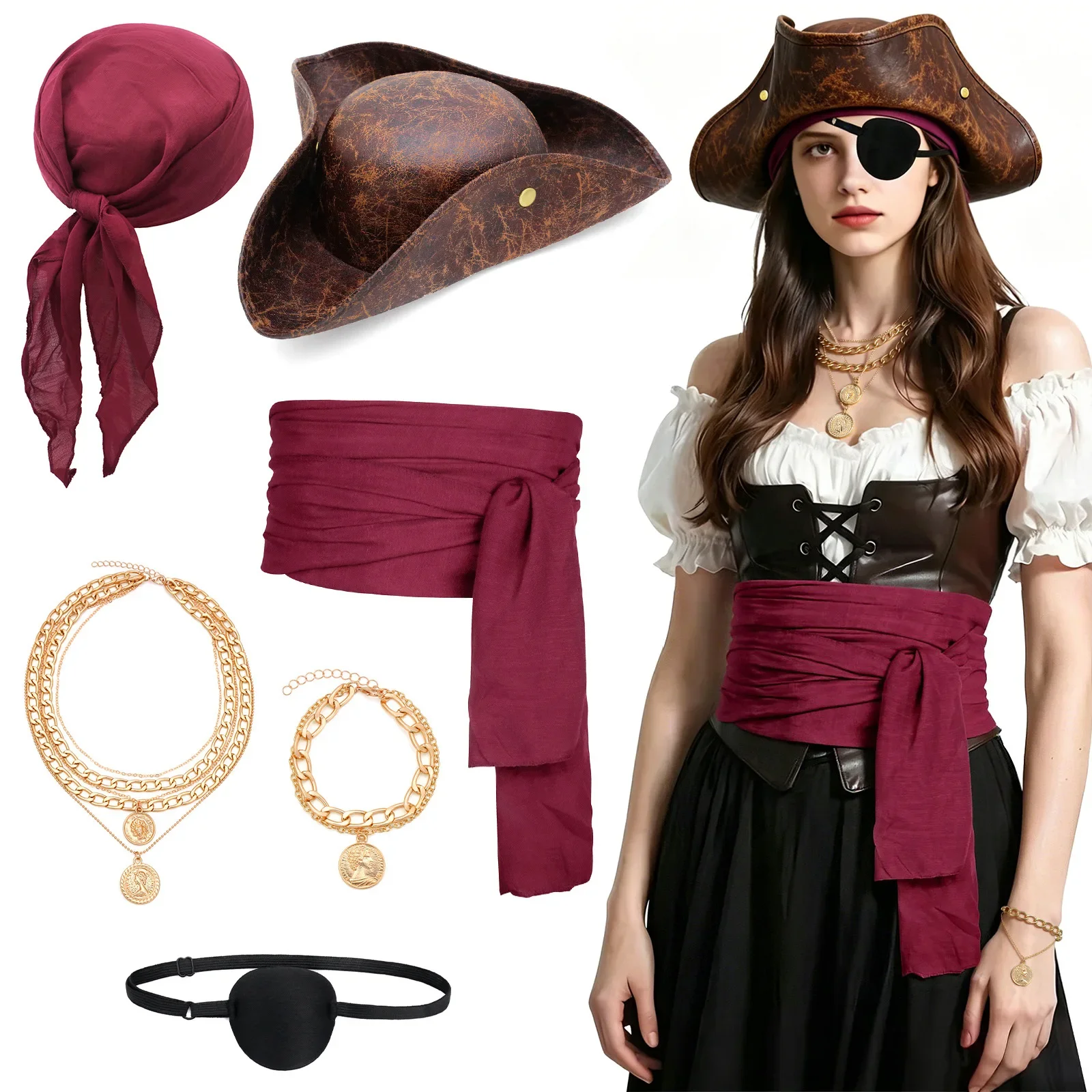 Pirate Costume Accessories with Cap, Bandana,Necklace,Bracelets Sash Belt & Eye Patches for Men Women Pirate Cosplay