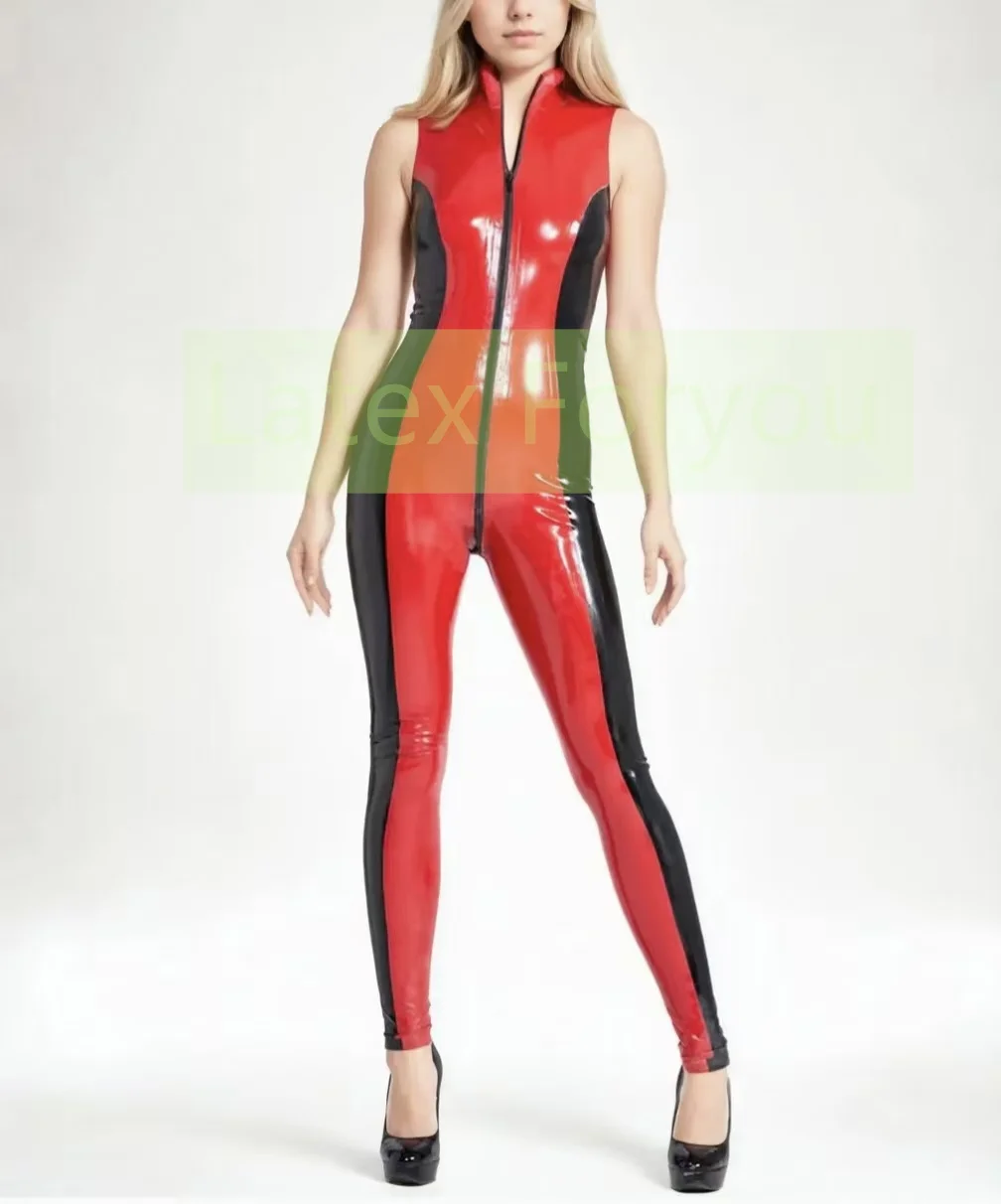 

Handmade Women Sleeveless Latex Gummi Catsuit Two Color Combine Fetish Rubber Bodysuit Back to Crotch Zippers Halloween Costume