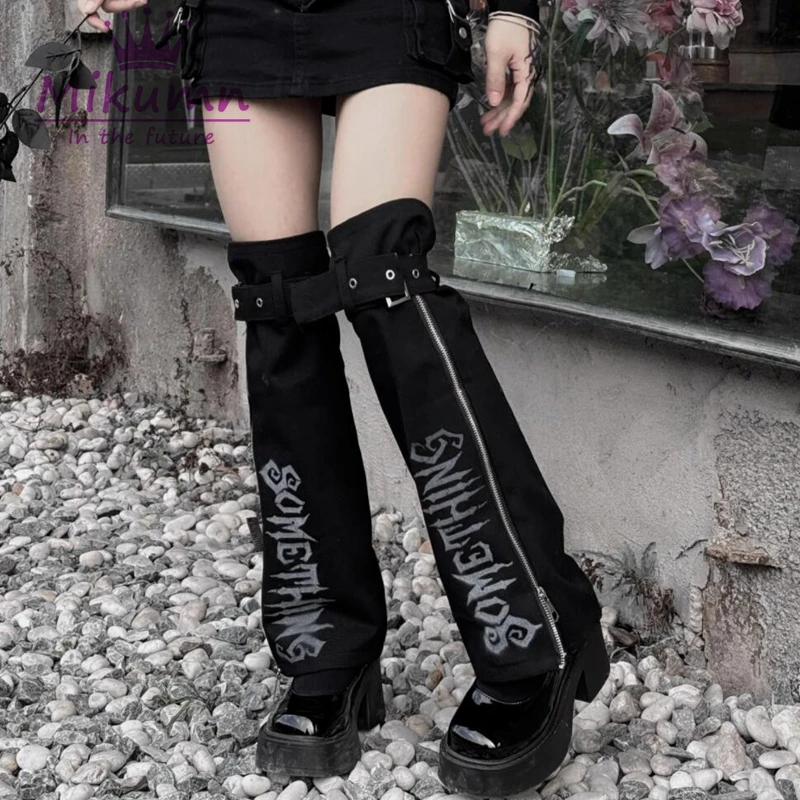 

Mikumn Harajuku Gothic Grunge Letter Print Black Leg Warmer Socks Women Y2k Punk Streetwear Zipper Metal Buckle Chic Leg Cover