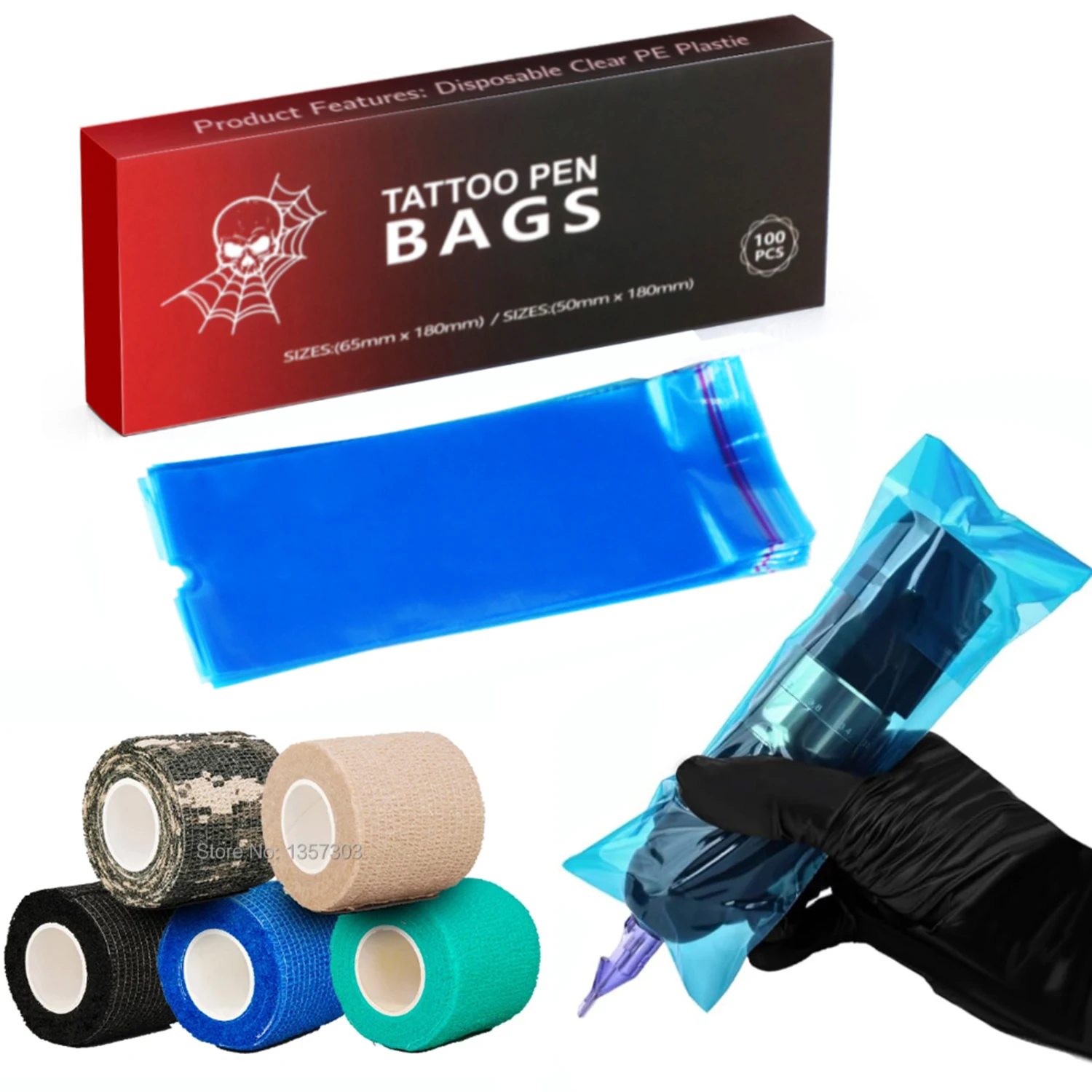 أغطية أقلام الوشم مع شريط التفاف 100 قطعة أكياس أقلام كبيرة و4 قطعة من أغطية آلة الوشم المقبض وأكمام القلم ومورد الوشم