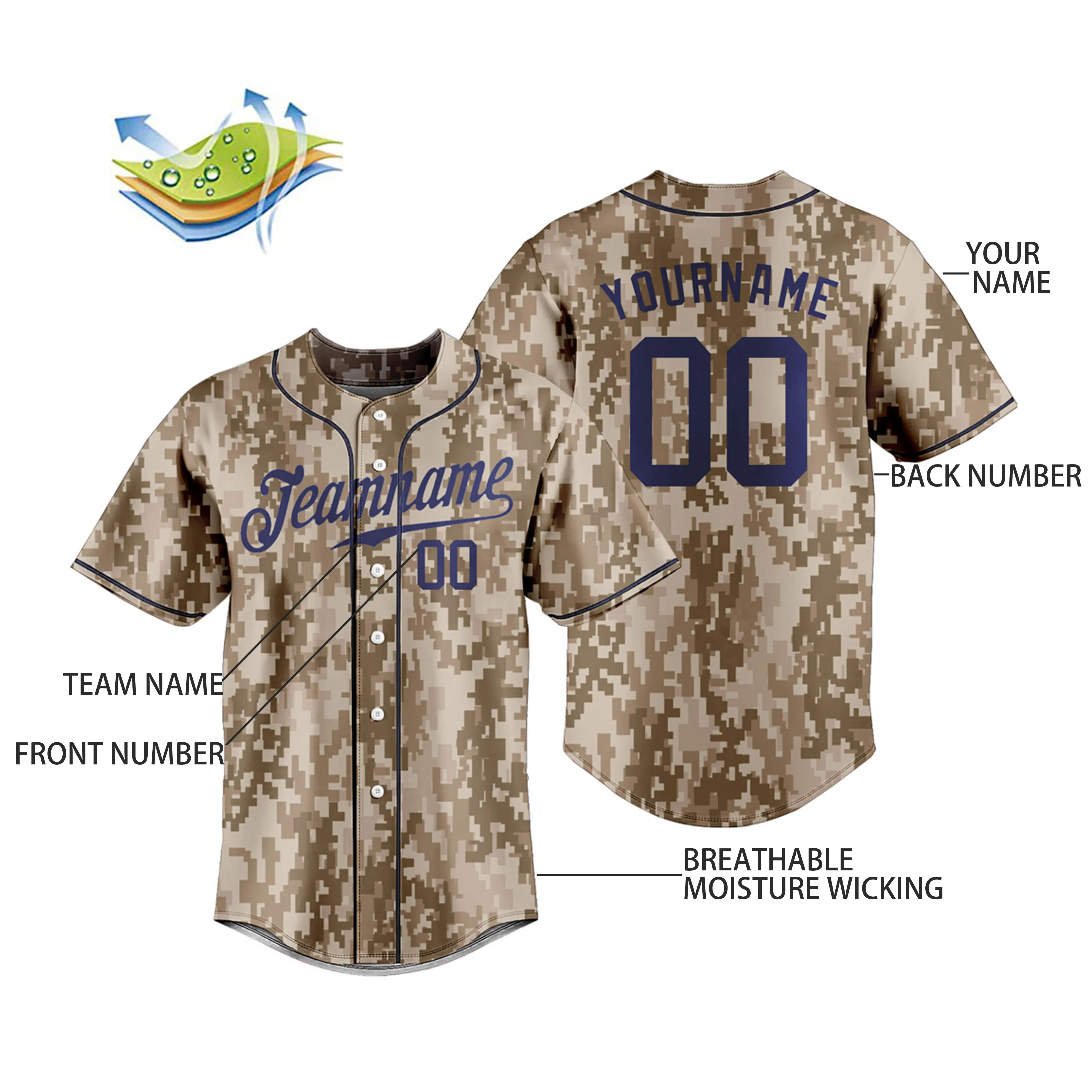 Custom Unisex Baseball Jersey  Camouflage T-shirts Breathable Sportswear Team Traning Uniform  Personalized Name Logo Number