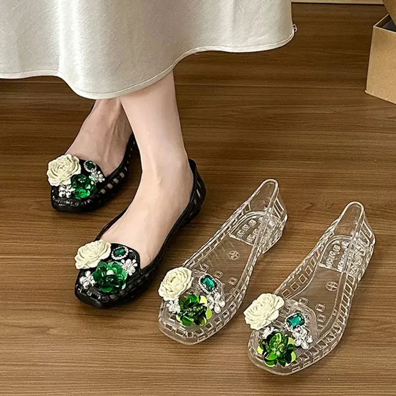 Luxury Big Rhinestone Flower Sequins Jelly Shoes Woman Summer Korean Crystal Transparent Clogs Women's Hollowed Out Flat Sandals