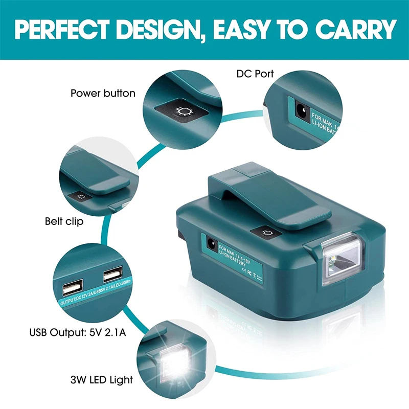 Replacement Power Source with 200lumen LED Work Light for Makita 14.4V/18V Li-ion Battery BL1430 BL1830 Portable USB Adapter