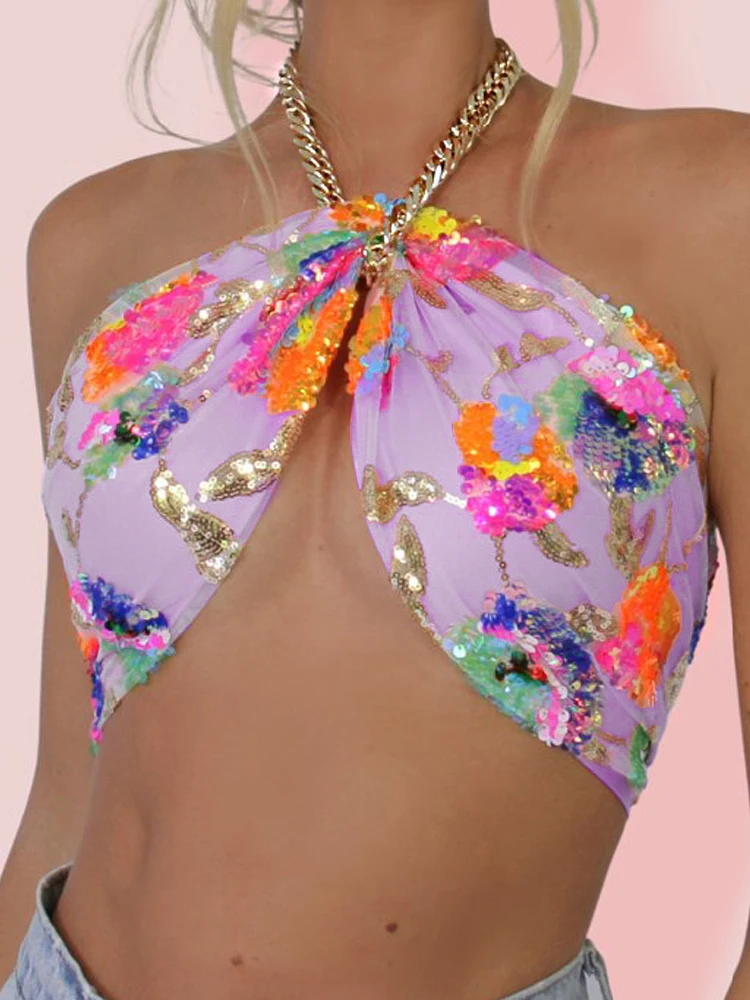 Floral Sequin Embroidered Y2K Pink Summer Crop Top with Necklace Tie Up Full Lining Evening Night Party Camis Chain