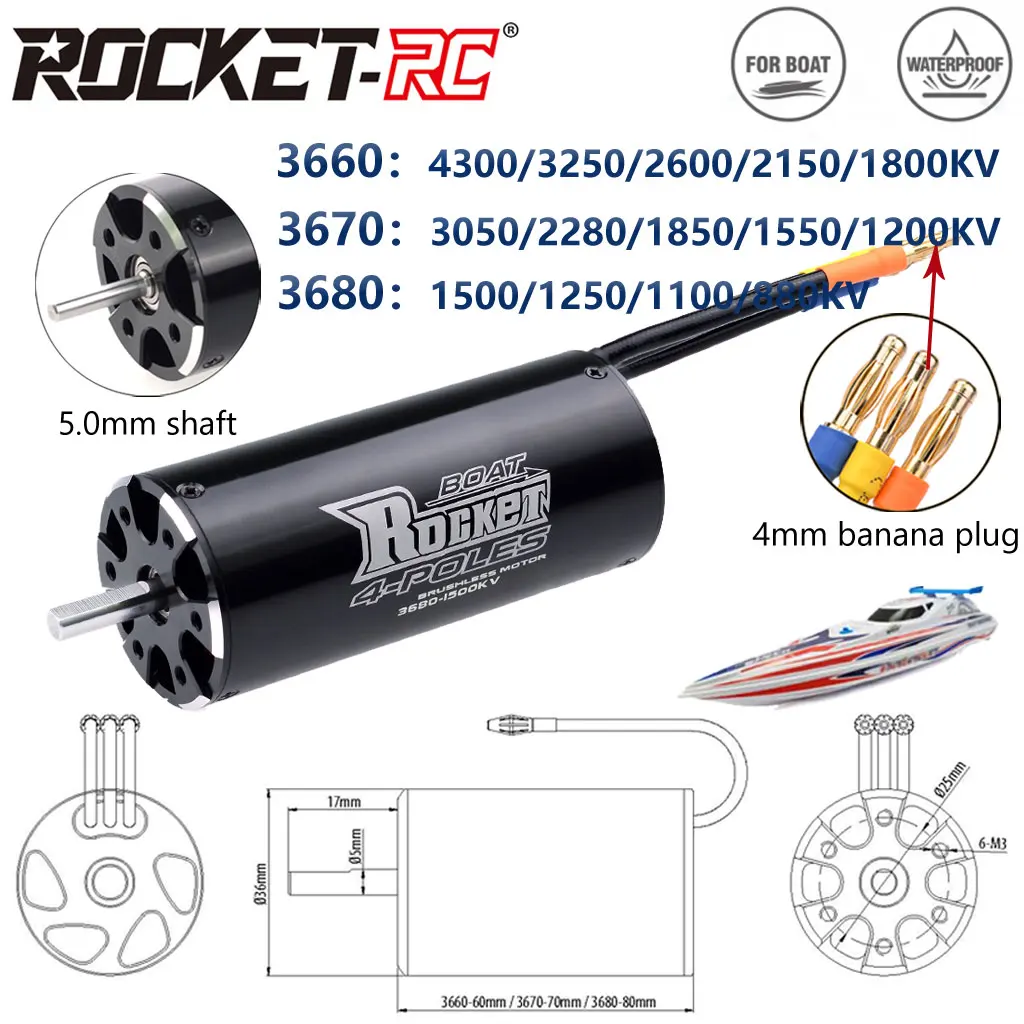 

SURPASSHOBBY Rocket-RC 3660/3670/3680 Waterproof Brushless Motor 5.0mm Shaft for 800-1000mm RC Feilun Fishing Bait Boat Traxxas