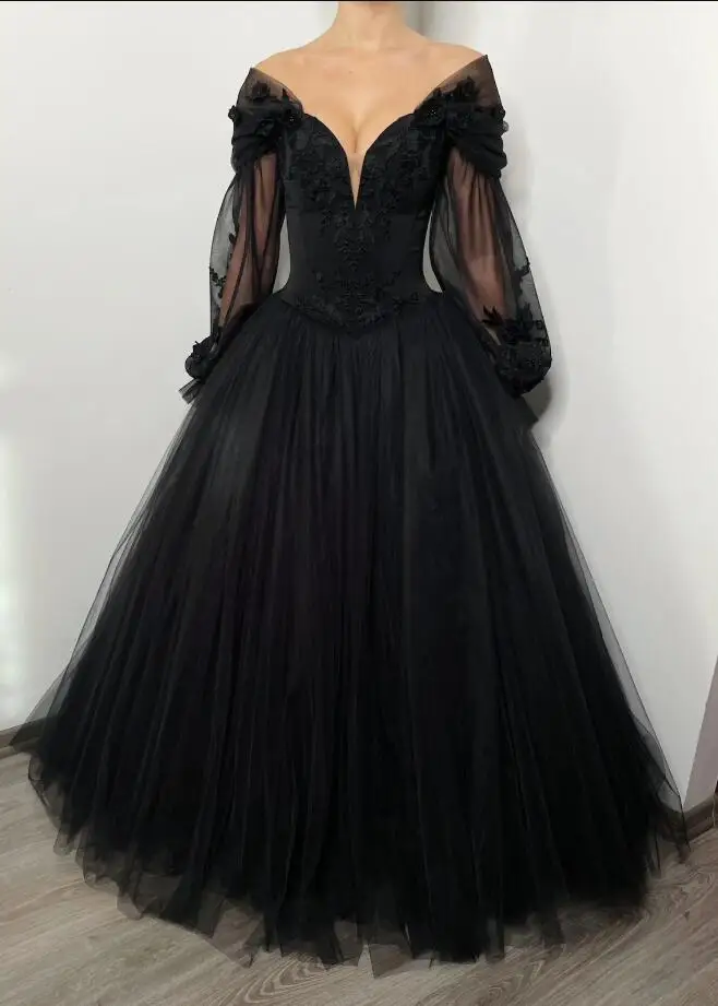 Black Evening Dresses Goethe Lace Applique Tulle Off Shoulder Puffy Full Sleeves A Line Long Chapel Train Party Prom Gowns