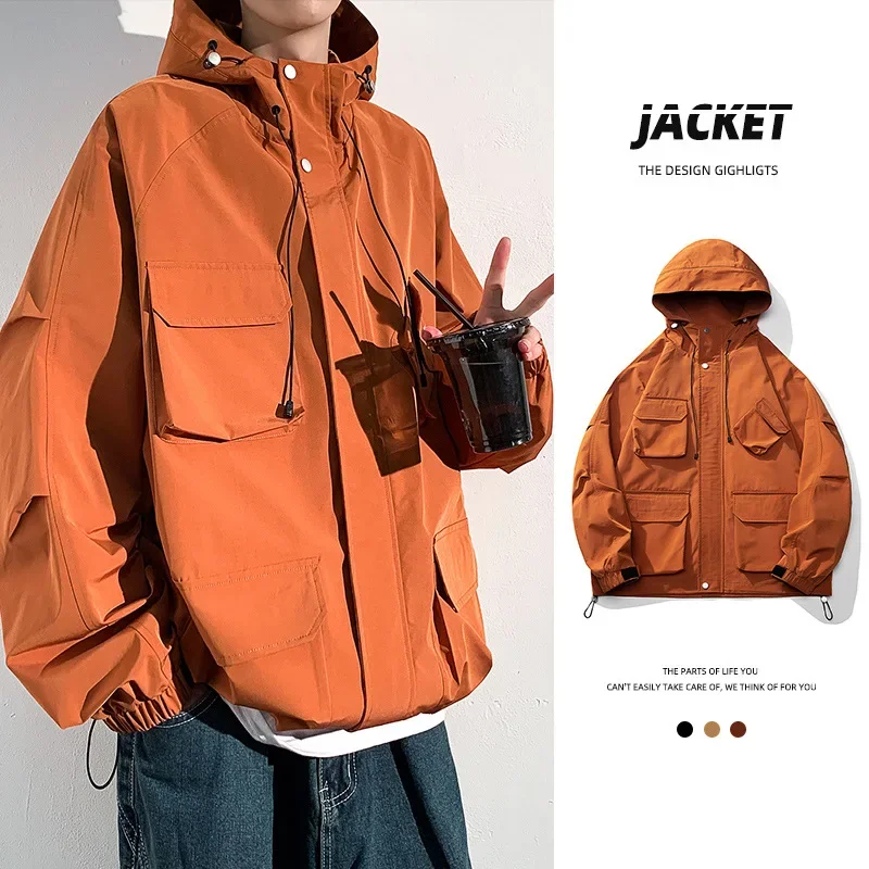 Mens Hooded Jacket Spring and Autumn New Mountain Jacket American Retro Multi-pocket Top for Men