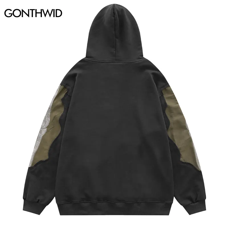 Hip Hop Men Hoodie Sweatshirt Y2K Embroidery Skeleton Skull Patch Punk Gothic Hooded Streetwear Harajuku Casual Street Pullover