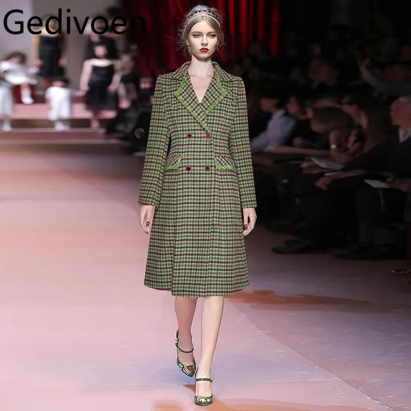 

Gedivoen Autumn and Winter Green Plaid Women's Coat Notched Pocket Double-breasted Plaid Fashion Streetwear Overcoat