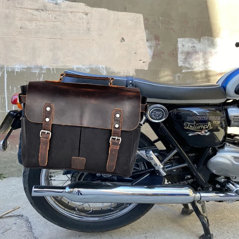 Waxed Canvas Motorcycle Side Bag for Bmw 750 800 Harley Hongda Universal Bike Luggage Bag Vintage Bicycle Bag Wear-resistant