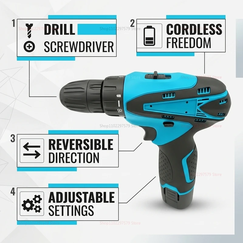 12V Cordless Electric Drill Kit Compact Wireless Power Tool with Lithium-Ion Battery for Home DIY Repairs Renovation Woodworking