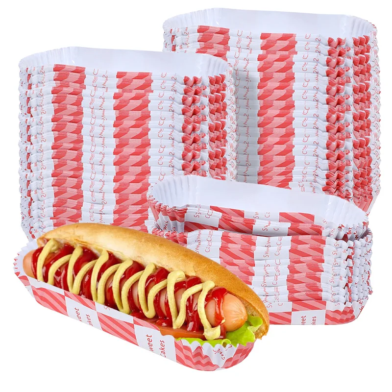 

Red White Checkered Long Bread Paper Holder High Temperature Oil Resistant Baking Cake Paper Cup Disposable Hot Dog Bread Base