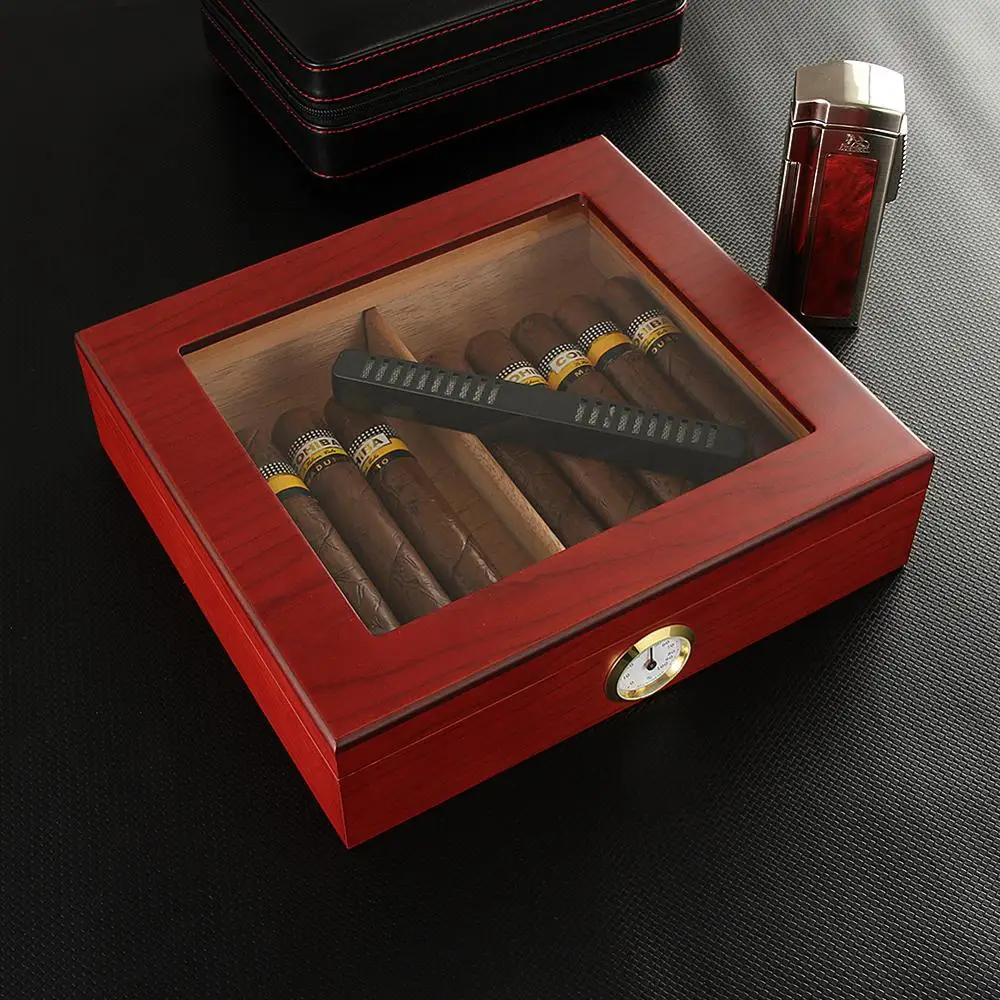 Caja de humidificador de cigarros de madera de cedro, estuche de viaje portátil para cigarros con humidificador, higrómetro, humidificador de