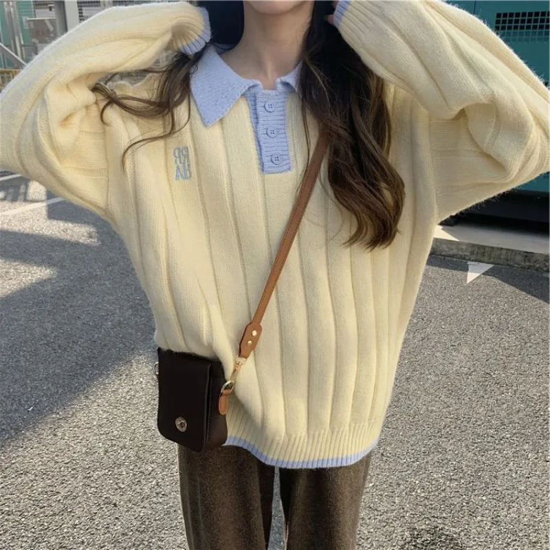 Yellow Sweater Women Polo Collar Preppy Style Korean Oversize All-match Pullover Jumper Female Lazy Chic Fashion