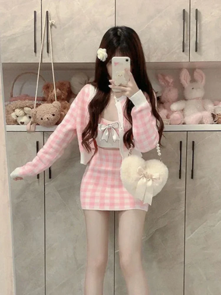 Winter Sweet Knitted 3 Piece Set Women Japanese Plaid Sweater Skirt Suit Female Casual Korean Fashion Designer Suit 2023 New