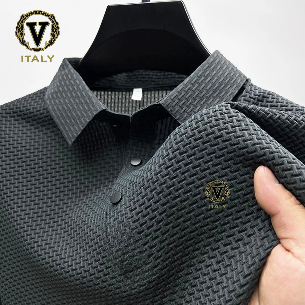 Trendy Printing Ice Silk Elastic Polo Shirt 2024 New Summer T-shirt Breathable Men's Clothing Business Short Sleeve Luxury Tops