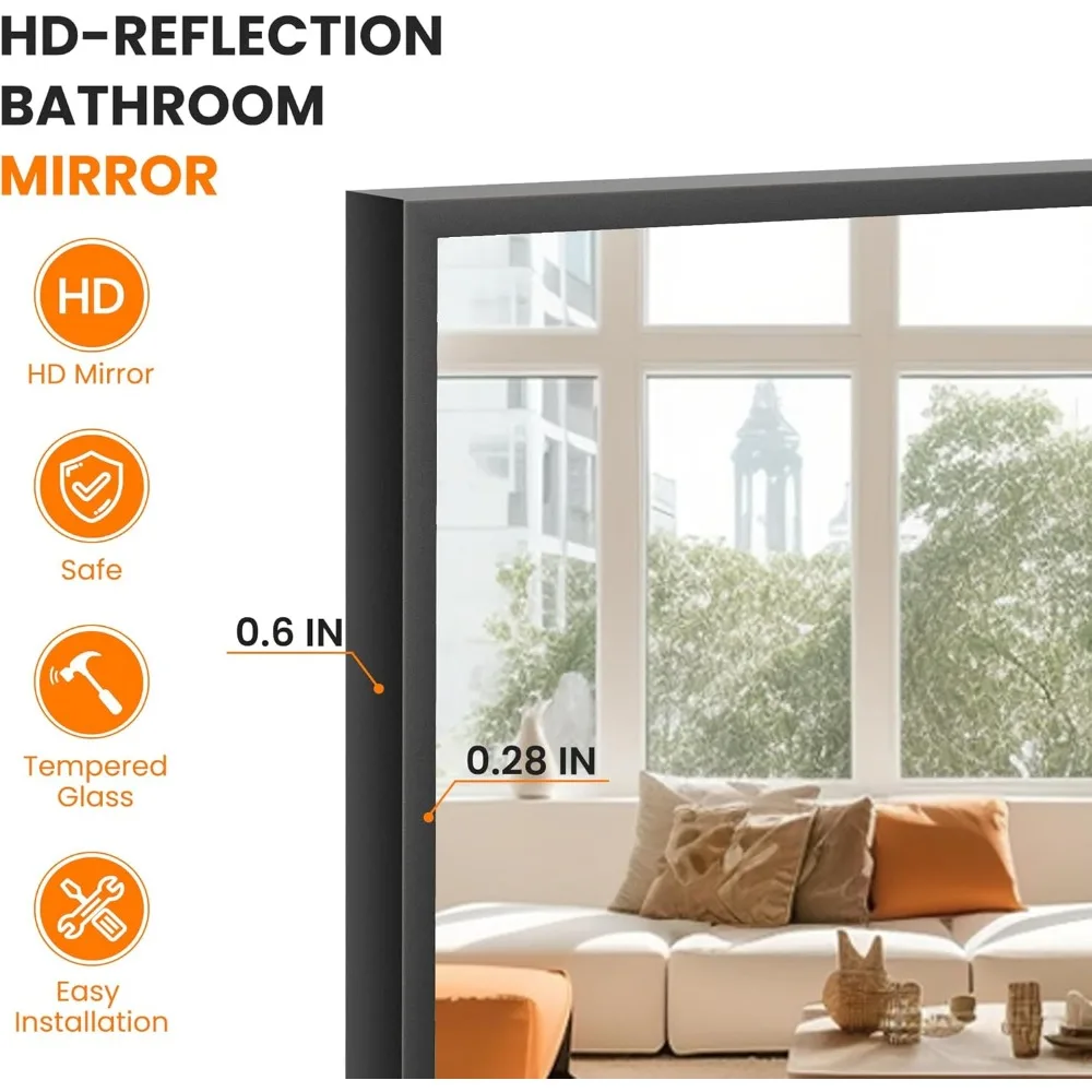 2팩 36x24인치 금속 프레임 욕실 거울, 깨지지 않는 유리, 검정색으로 가로 또는 세로로 걸 수 있음