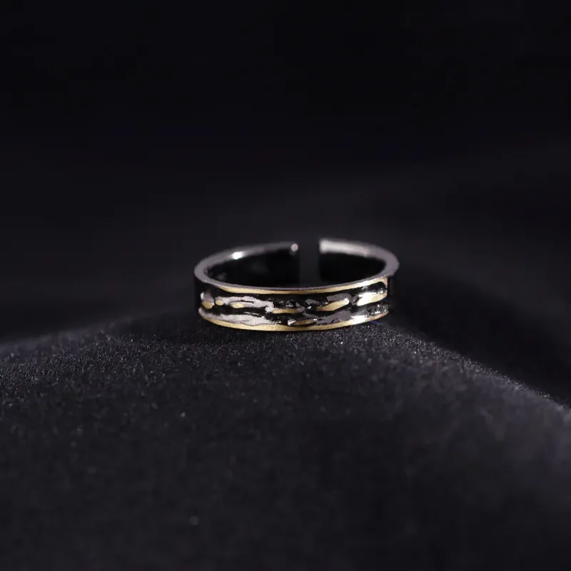 Retro Black Ink Ring Trendy Male Personality Niche Cold Style Golden Water Flow Men Single Ring Open Adjustable Band Jewelry