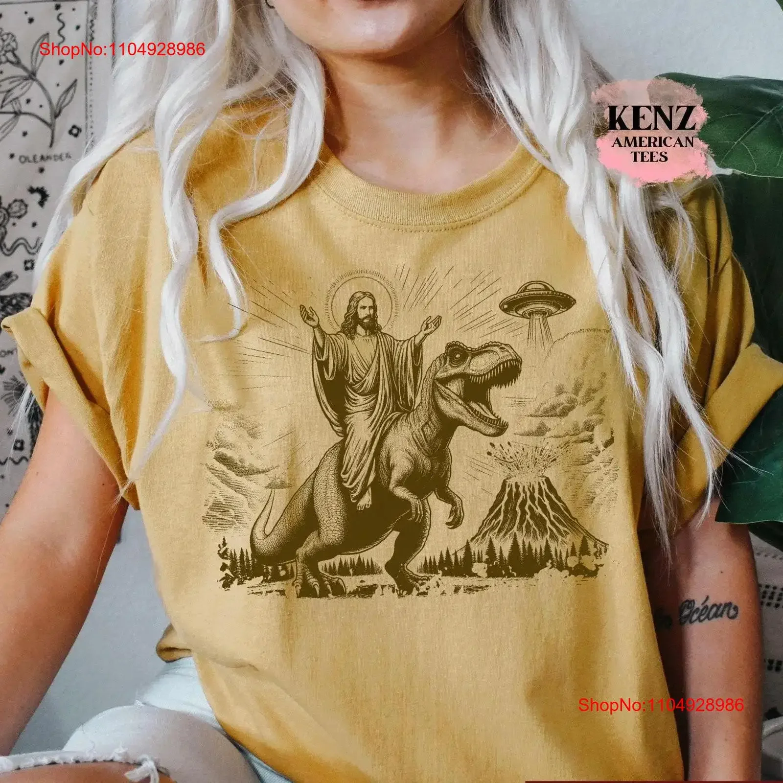 

Vintage Christian T Shirt Jesus Faith Bible Verse Religious Apparel Dinosaur UFO Funny For te vintage Washed Breathable Soft