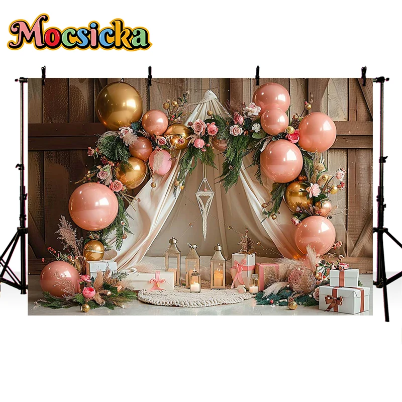 

Mocsicka Photography Background Bohe Balloon Floral Tent Decor Cake Smash Kid Girl Birthday Party Portrait Backdrop Photo Studio
