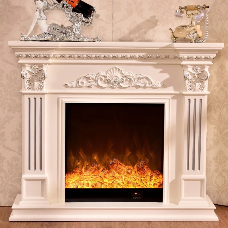 Gabinetes de sala de estar pintados en plata de estilo europeo, núcleo de calefacción de madera maciza, chimenea eléctrica, muebles decorativos de TV Kast JTL