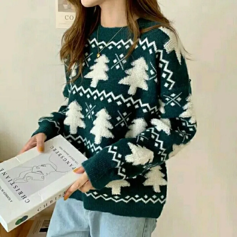 Women\'s Pullover Round Neck Classic Flonce Flonce Christmas Tree Sweater Autumn and Winter Loose Vintage Long Sleeve Knit Tops