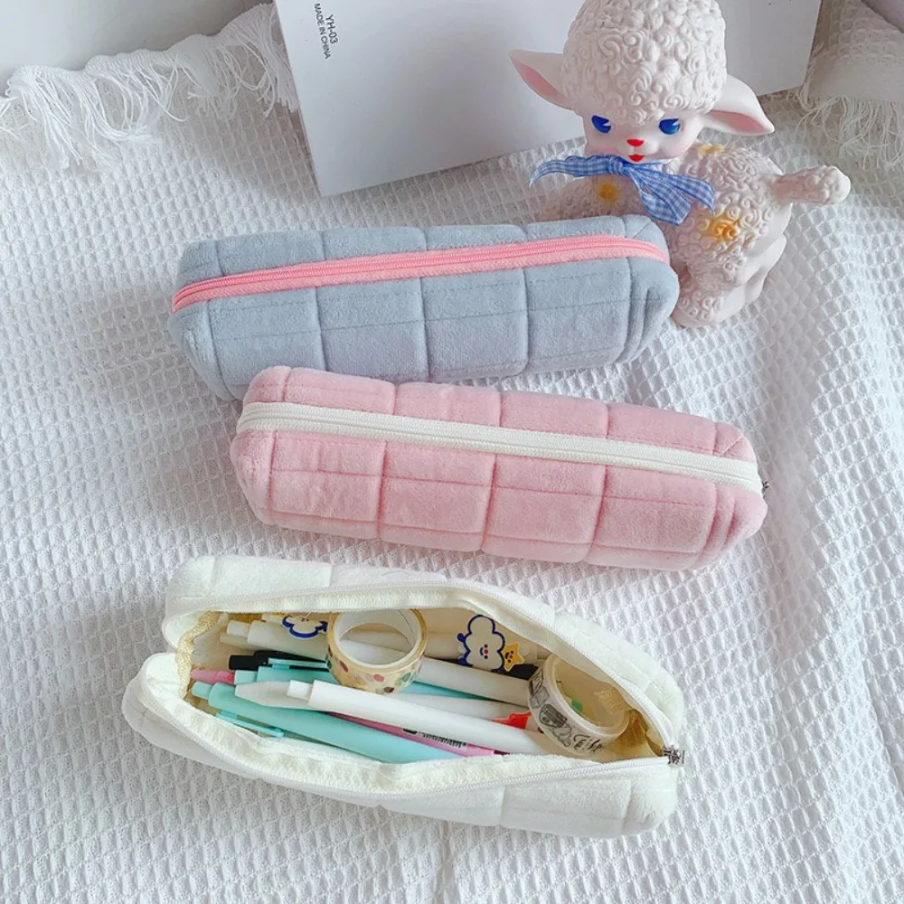 Plush Lattice Pencil Bag Portable Simple Pencil Case with Zipper Large Capacity Stationery Storage Box School Supplies