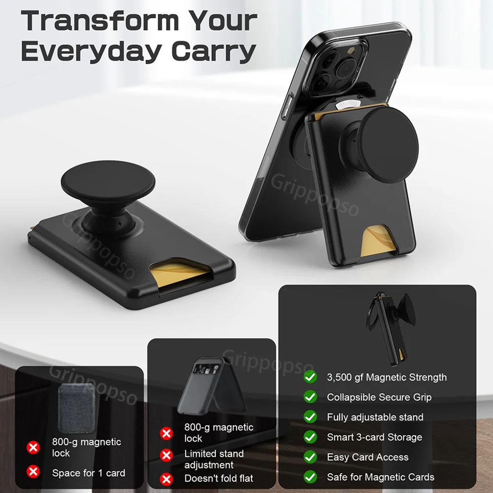 PopsoGrip – magnetyczny portfel do telefonu z regulowanym uchwytem, kompatybilny z serią Samsung S25/S24, a także magnetyczny portfel na karty do iPhone'a. — zdjęcie produktu 3