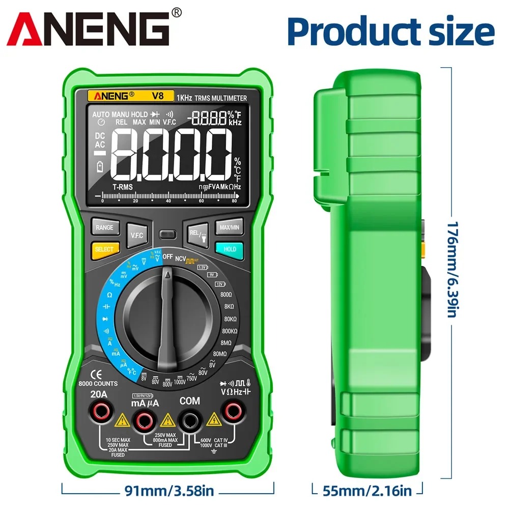 ANENG V8 cyfrowy multimetr profesjonalny true rms 8000 zlicza miernik elektryczny NCV DC/AC napięcie prądu multimetry LCD dokładny automatyczny