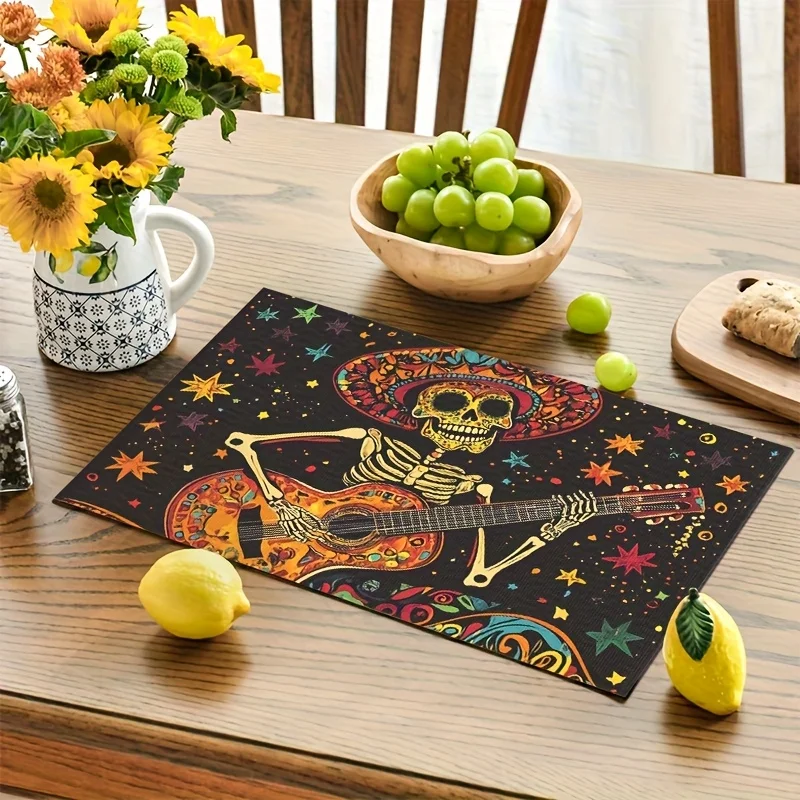 4pcs Mexican Day of the Dead Print Placemats Washable Rectangular Placemat Suitable for Kitchen and Holiday Parties