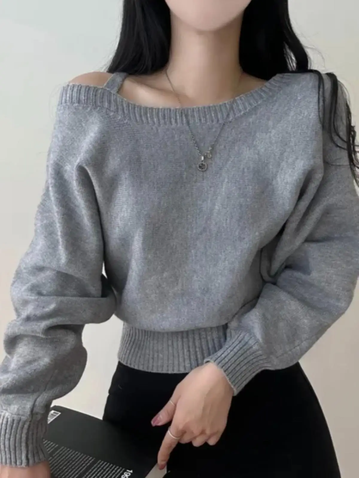 Schicker Oulder Bared Batwing Sve Winter-Strickpullover Long Sve Trendy Commuting Sle Loose Fit Strickwaren in der Länge