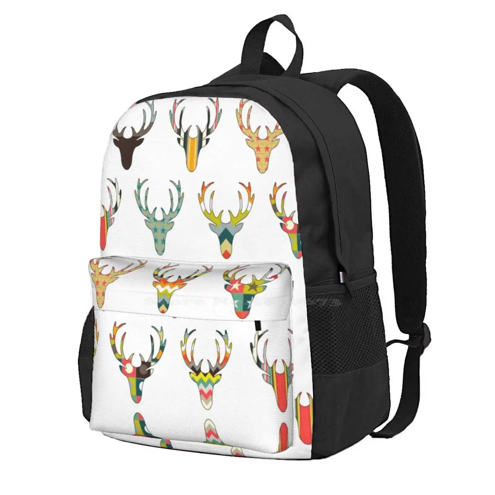 Retro Deer Head White Hot Sale Schoolbag Backpack Fashion Bags Retro Deer Head Pattern White Spot Stars Animal Stripe Geometric